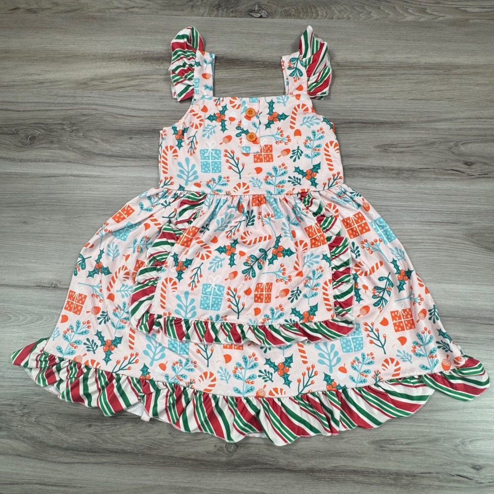 Marie Nicole Clothing Christmas Ruffle Dress Pink Candy Cane Holiday Kids XL